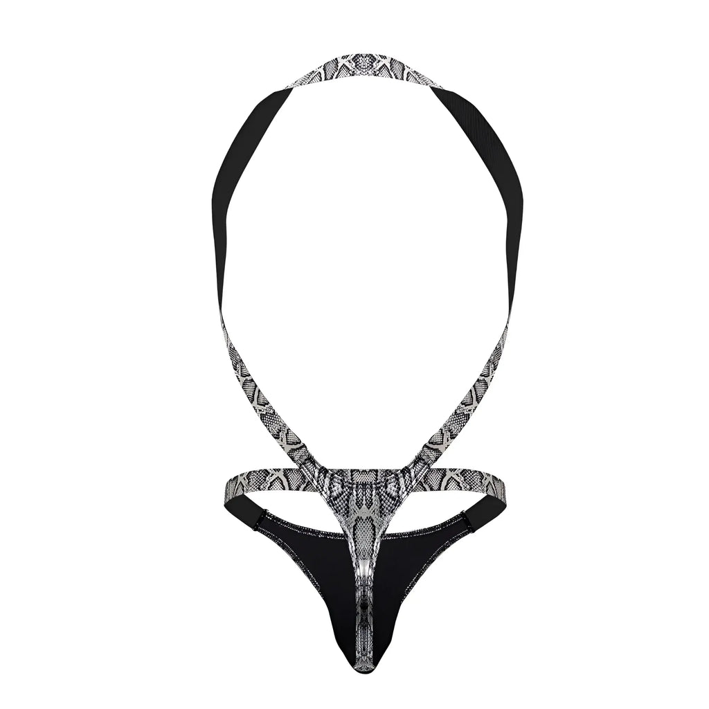 Black and silver snake-print halter-style thong with back strap design by male power in color silver-black