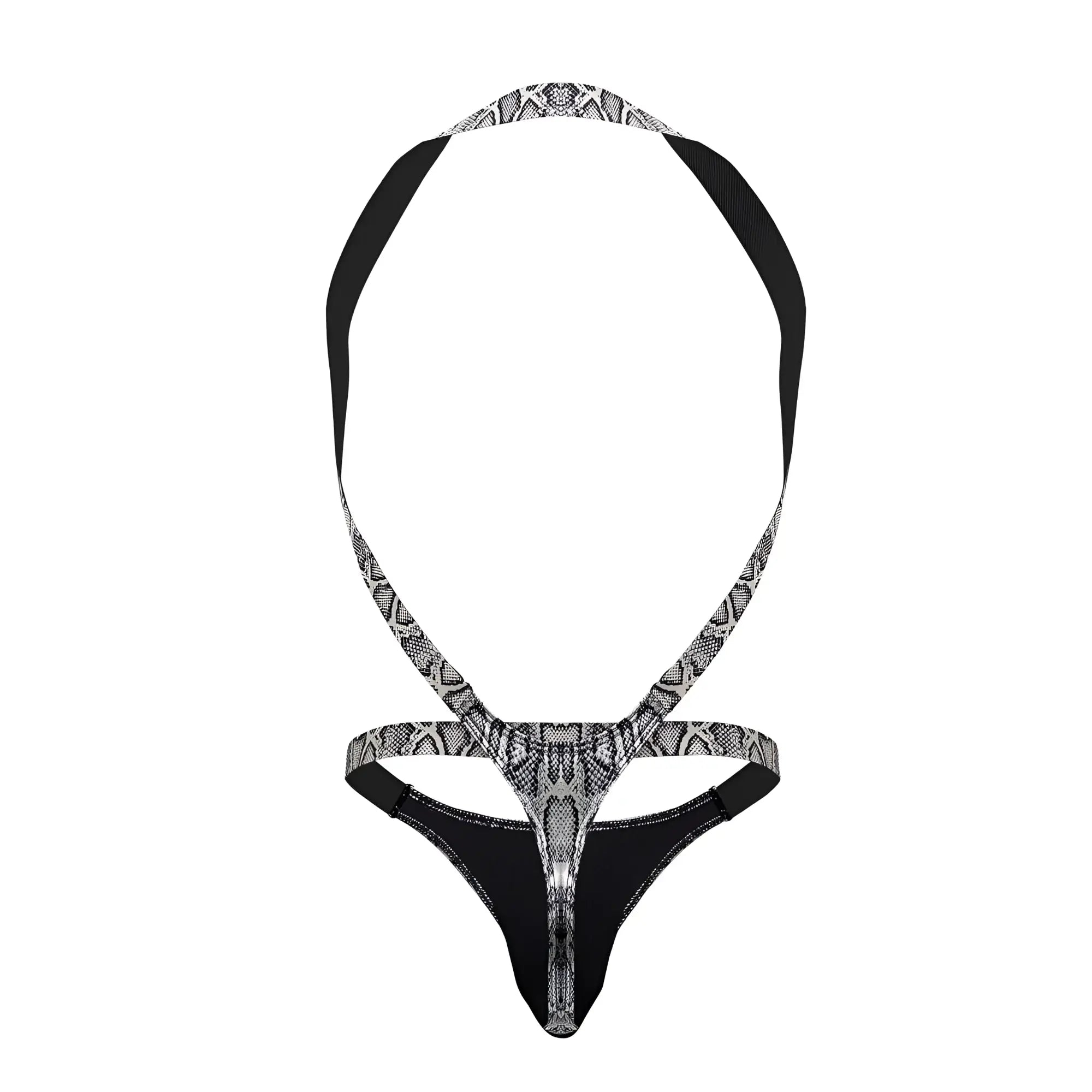 Black and silver snake-print halter-style thong with back strap design by male power in color silver-black