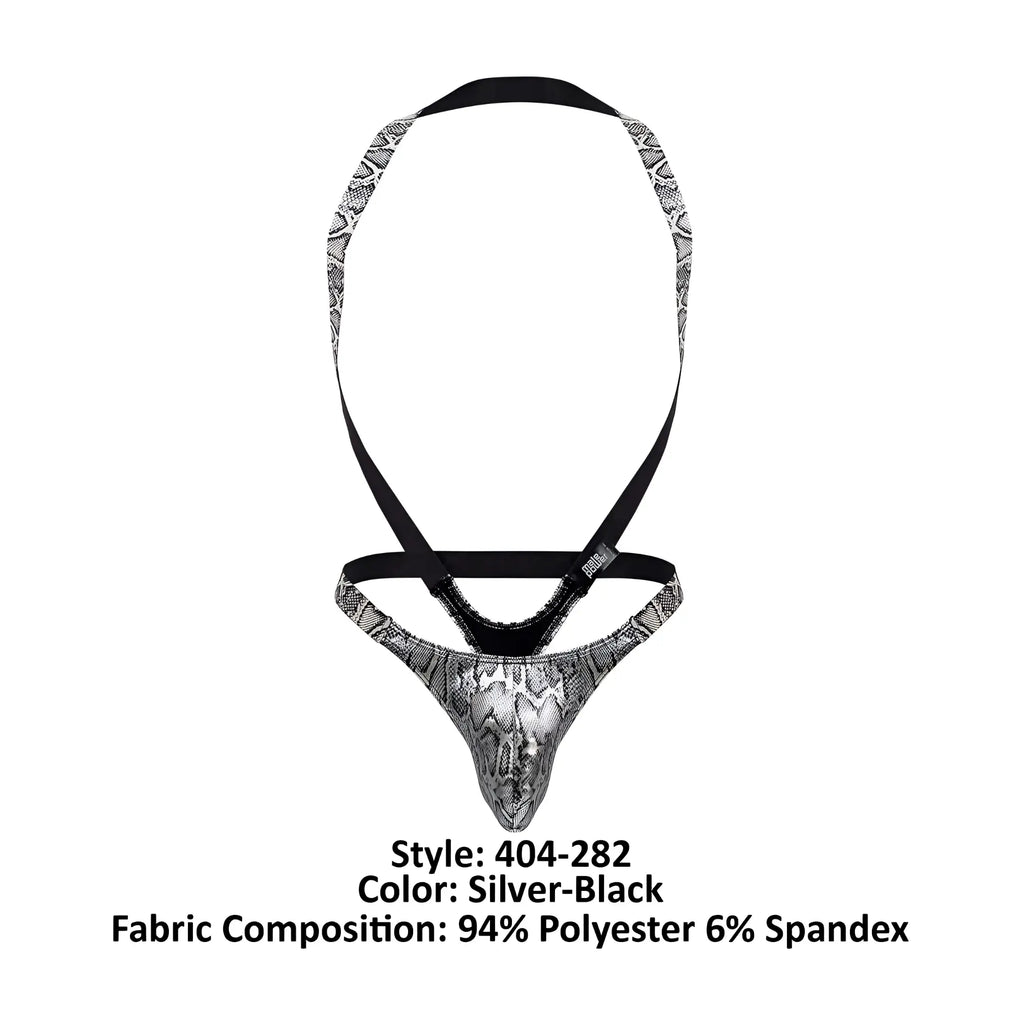 Male power silver-black snake-print men’s briefs with black elastic straps part of s-naked shoulder sling harness thong set