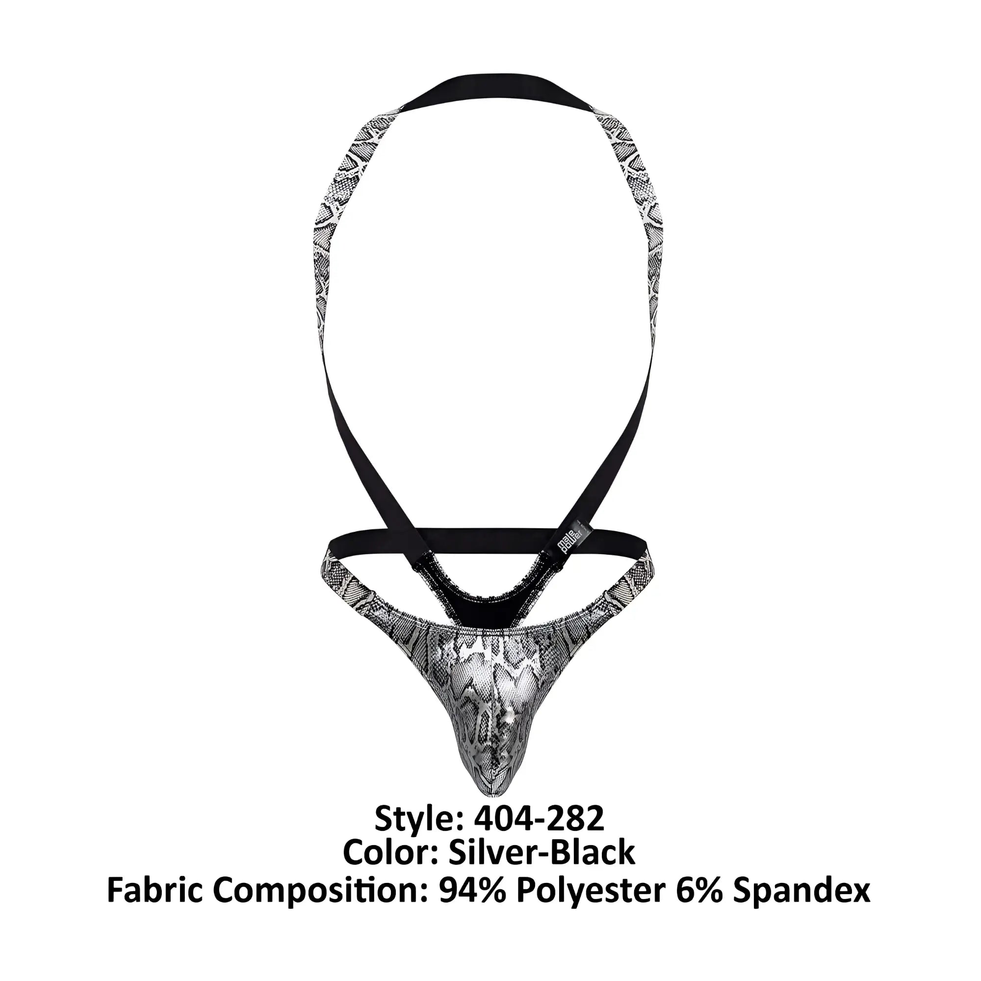 Male power silver-black snake-print men’s briefs with black elastic straps part of s-naked shoulder sling harness thong set