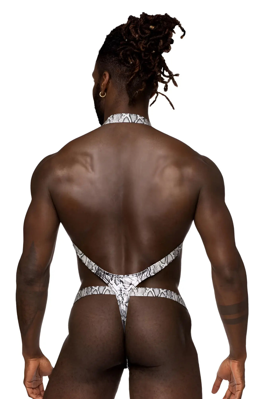 Black and white snake-print thong from male power with a silver-black halter-style shoulder sling back visible