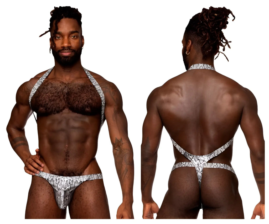 Silver and black snake-patterned men’s thong with halter-style straps from male power 404-282 shoulder sling harness