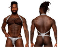 Silver and black snake-patterned men’s thong with halter-style straps from male power 404-282 shoulder sling harness