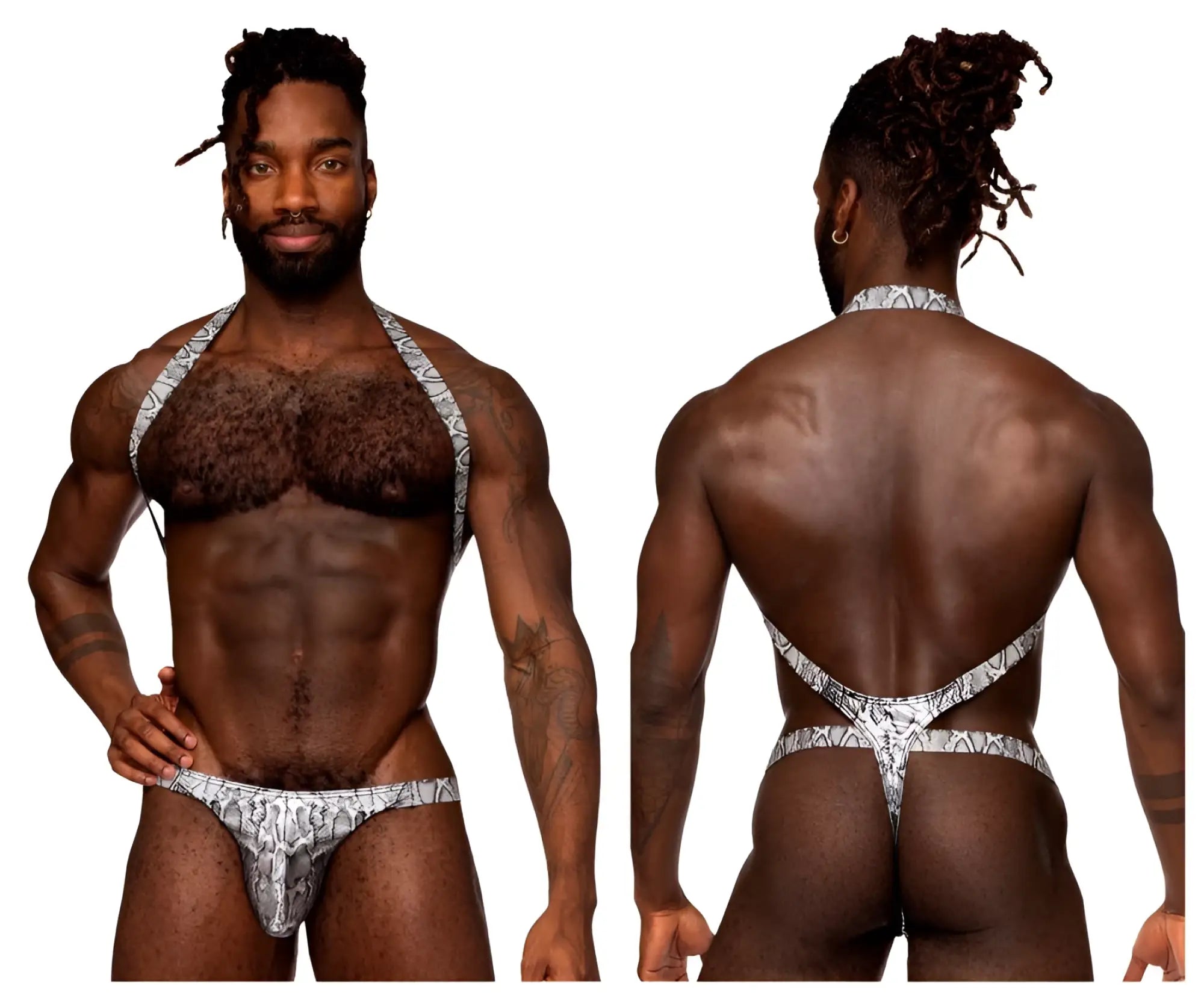 Silver and black snake-patterned men’s thong with halter-style straps from male power 404-282 shoulder sling harness