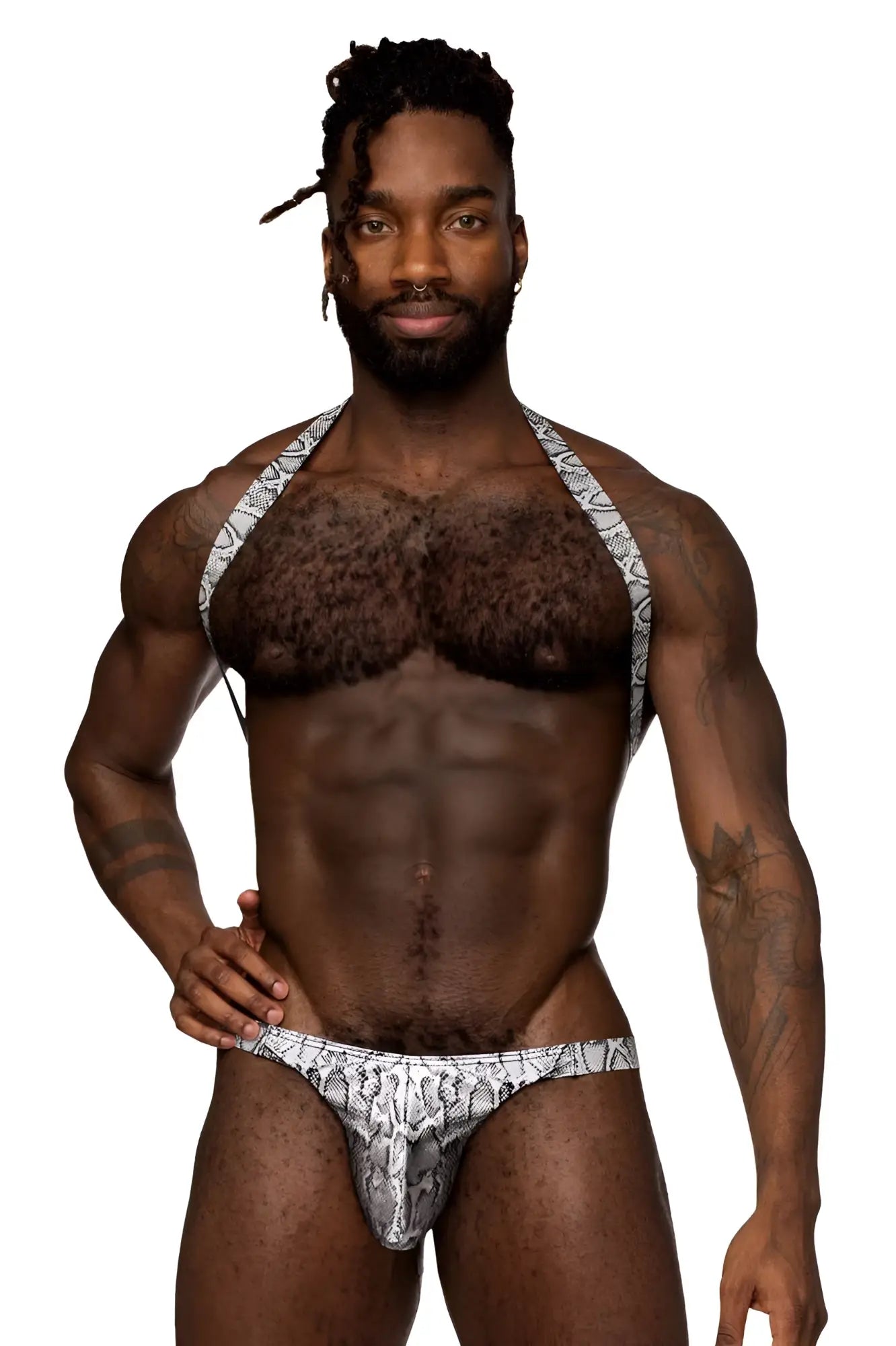 Male power 404-282 silver-black snake-patterned halter-style briefs with sleek fitted design for men