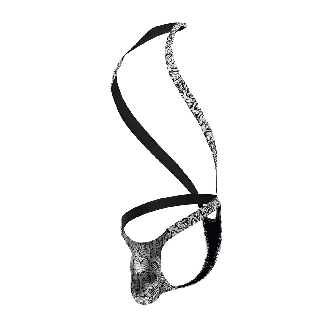 Male power 404-282 silver-black snake-print men’s briefs with sleek form-fitting design and shoulder sling harness thong
