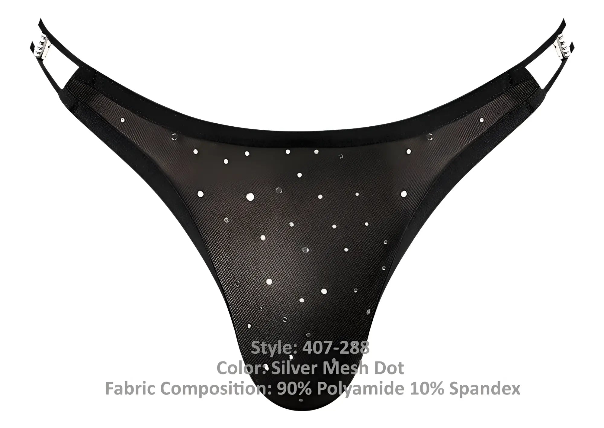 Male power 407-288 show stopper thong in black with silver mesh dot design and adjustable straps visible from back side