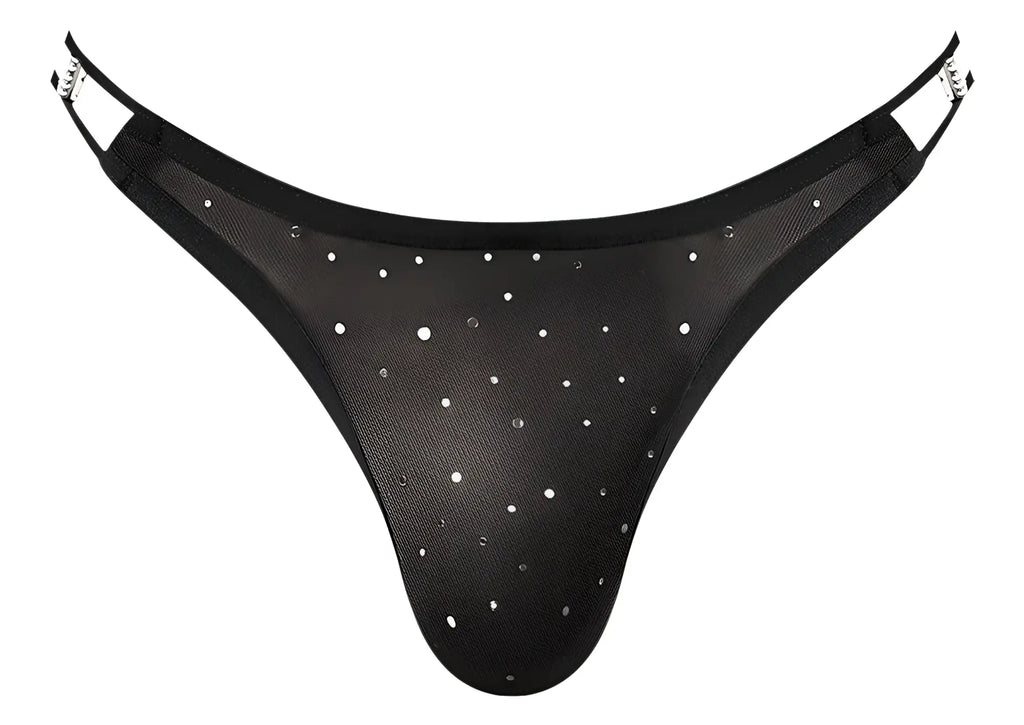 Black mesh thong with silver rhinestones and adjustable metallic side straps from Male Power show stopper collection