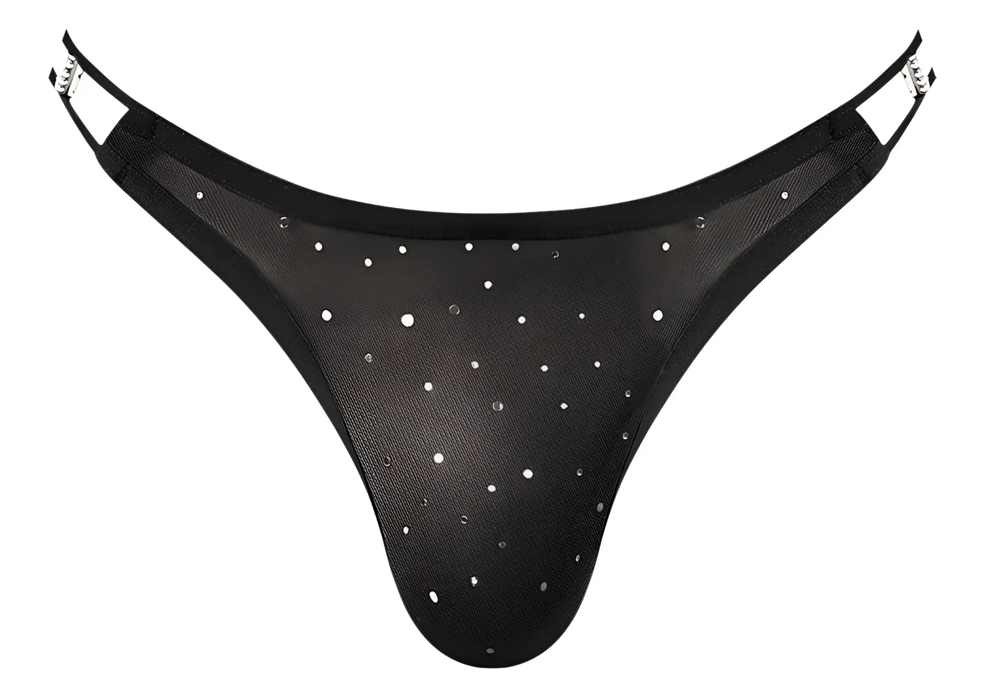 Black mesh thong with silver rhinestones and adjustable metallic side straps from Male Power show stopper collection