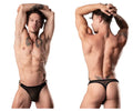 Black sheer thong with gold glitter detailing by Male Power in silver mesh dot material for show stopping wear