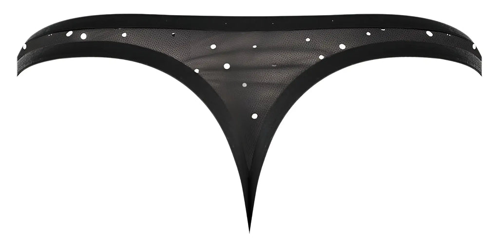 Male power show stopper thong in silver mesh with white dot embellishments featuring a sheer black design