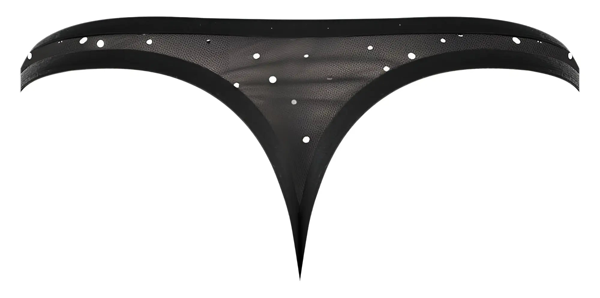 Male power show stopper thong in silver mesh with white dot embellishments featuring a sheer black design