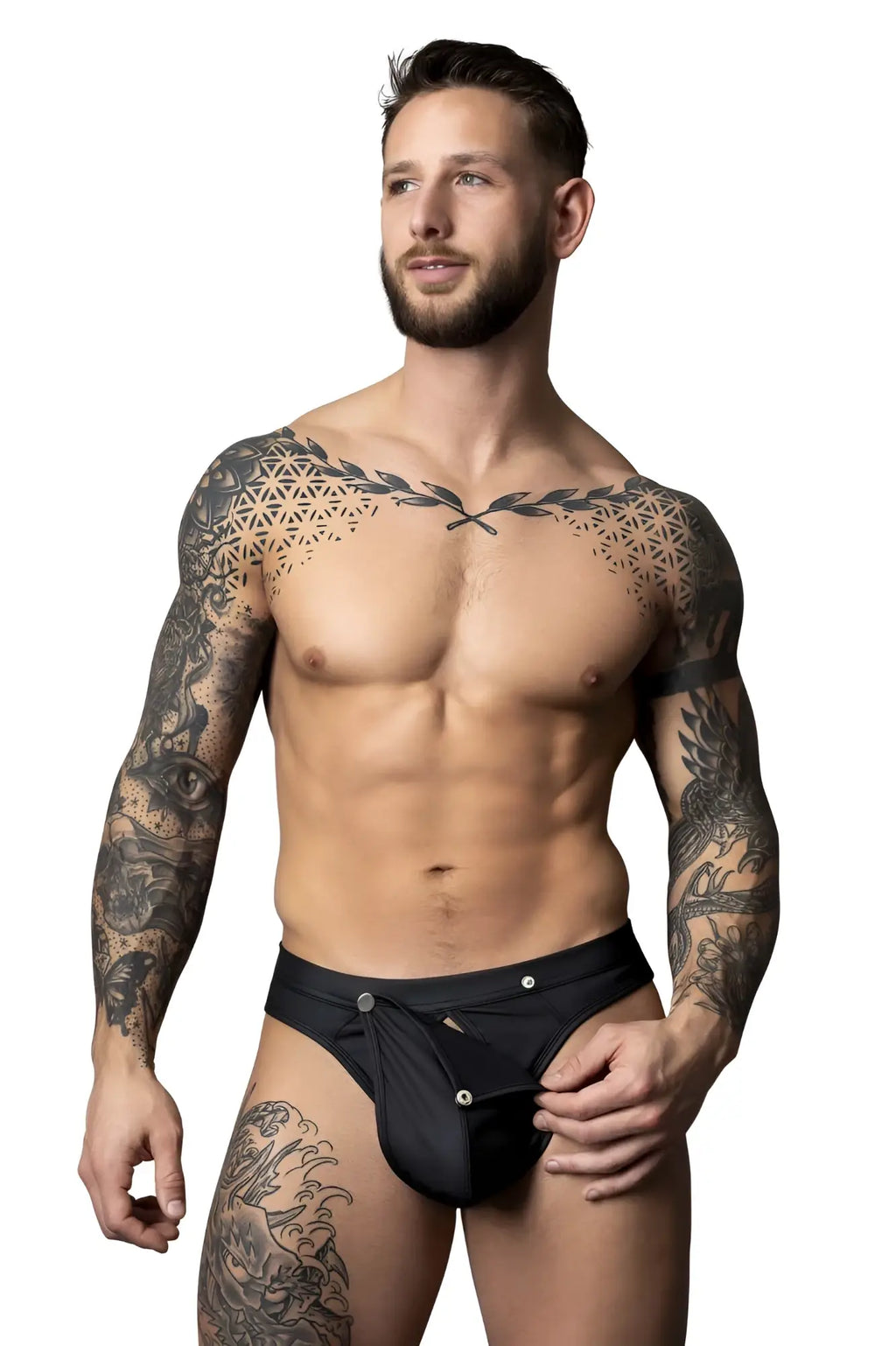 Male power black form-fitting briefs with front closure featuring three silver-toned buttons for easy snap off