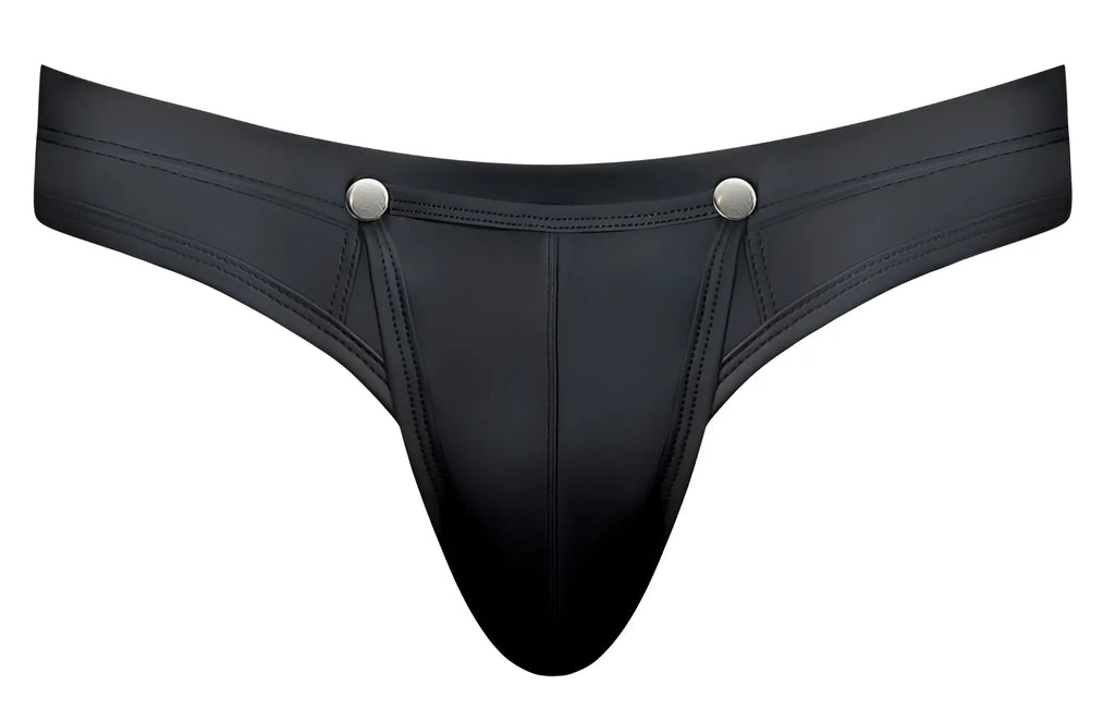 Black leather thong with silver snap buttons at the waistband from Male Power 410-298 Oh Snap Snap off thong in black