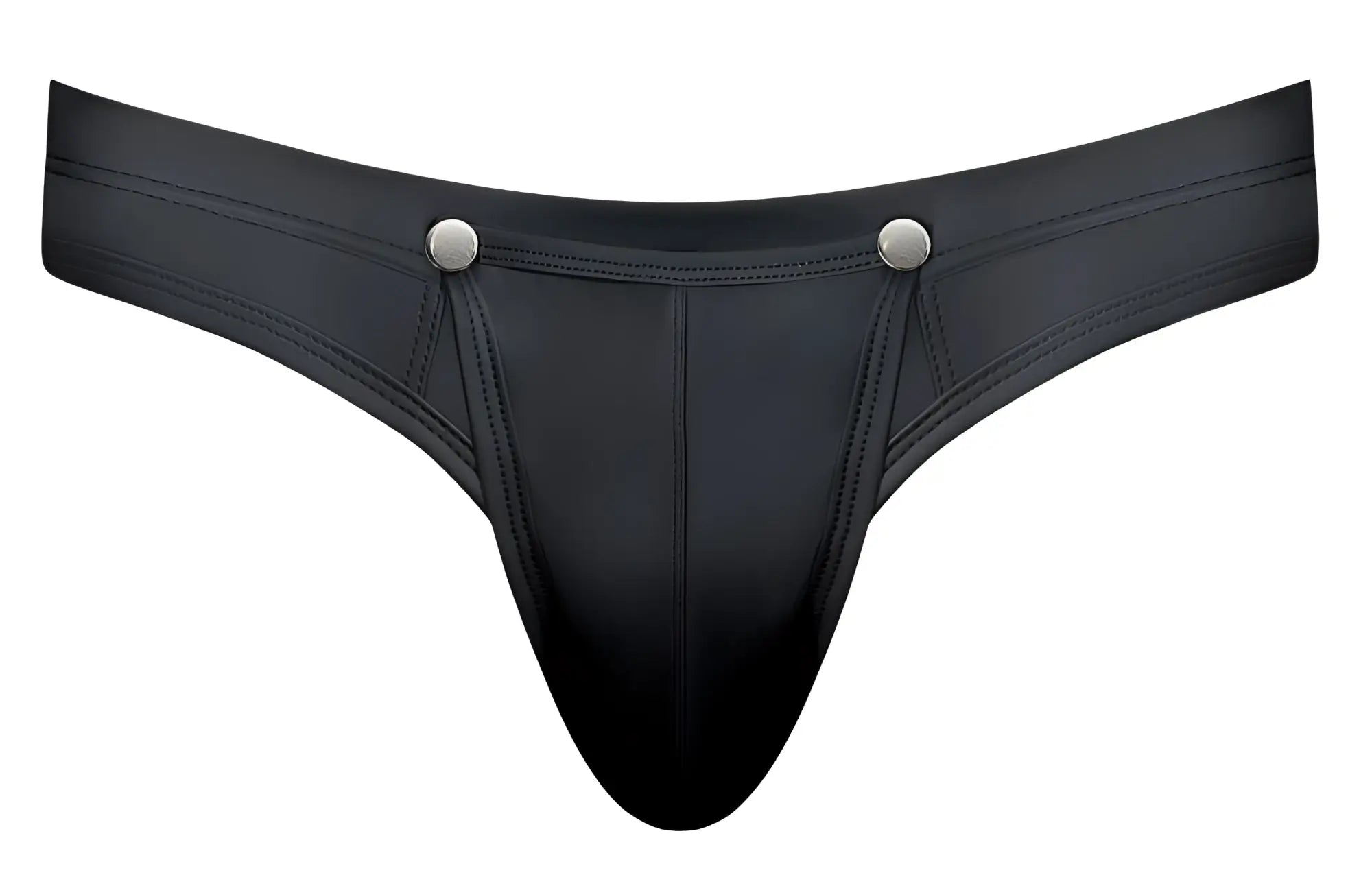 Black leather thong with silver snap buttons at the waistband from Male Power 410-298 Oh Snap Snap off thong in black