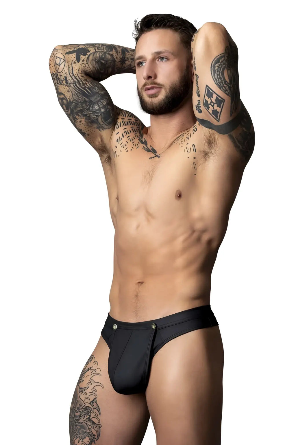 Male power 410-298 oh snap snap off thong in black leather briefs with silver-toned button closures