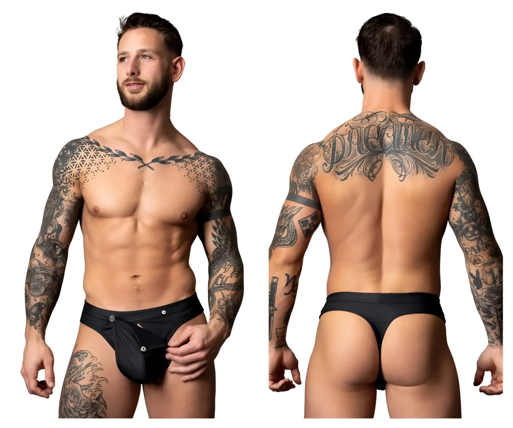 Black male power thong with silver button closures designed for easy snap-off use in color black