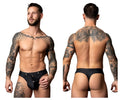 Black male power thong with silver button closures designed for easy snap-off use in color black