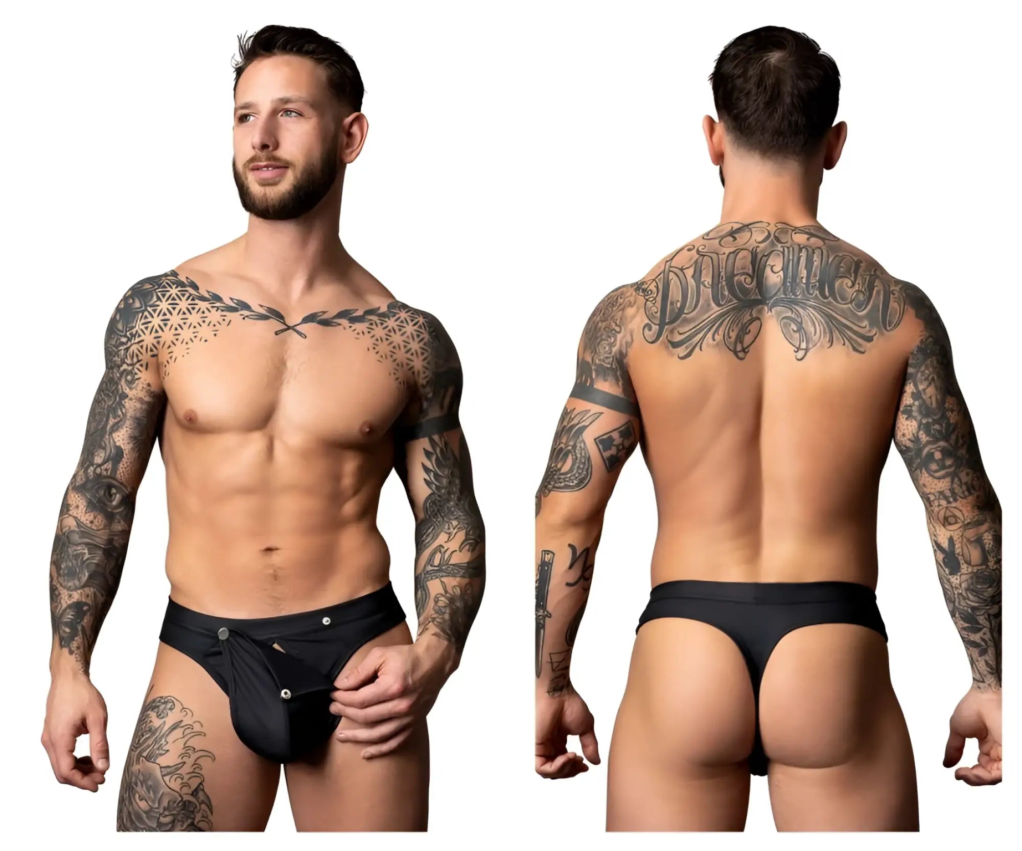 Black male power thong with silver button closures designed for easy snap-off use in color black