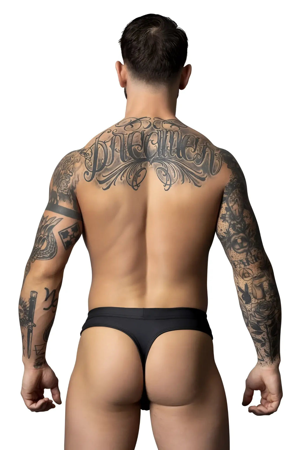 Male power 410-298 oh snap snap off black thong with a smooth form-fitting design shown from the back side