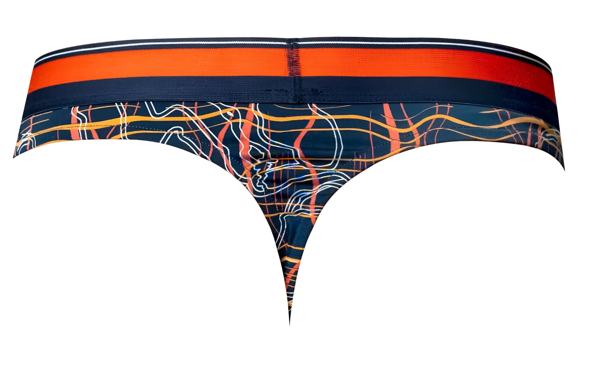 Male Power 412-299 Soo Cumfy navy thong with bold orange waistband and abstract white yellow red line pattern