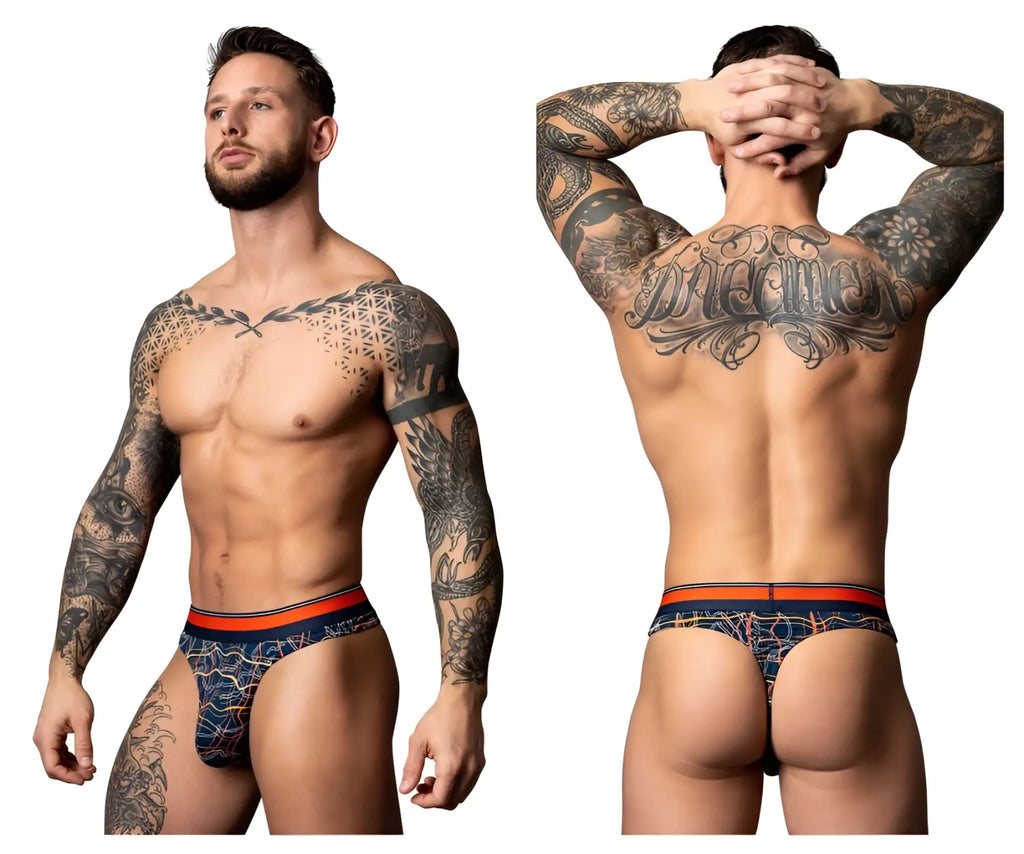 Male power 412-299 soo cumfy thong in navy and orange featuring intricate geometric and tribal patterns on men’s briefs