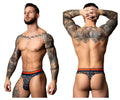 Male power 412-299 soo cumfy thong in navy and orange featuring intricate geometric and tribal patterns on men’s briefs