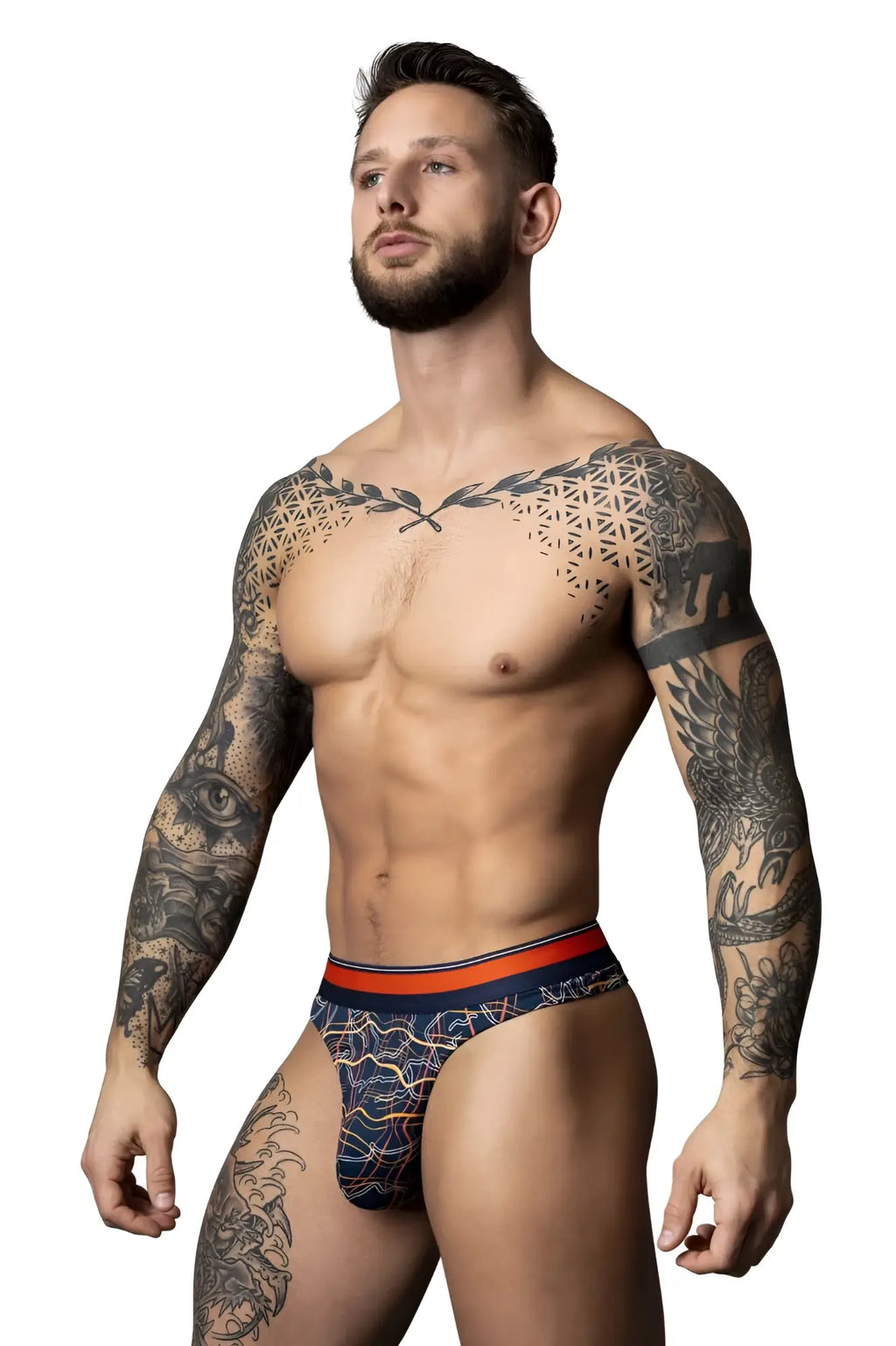 Blue patterned male power soo cumfy thong with orange and navy trim designed for comfortable wear