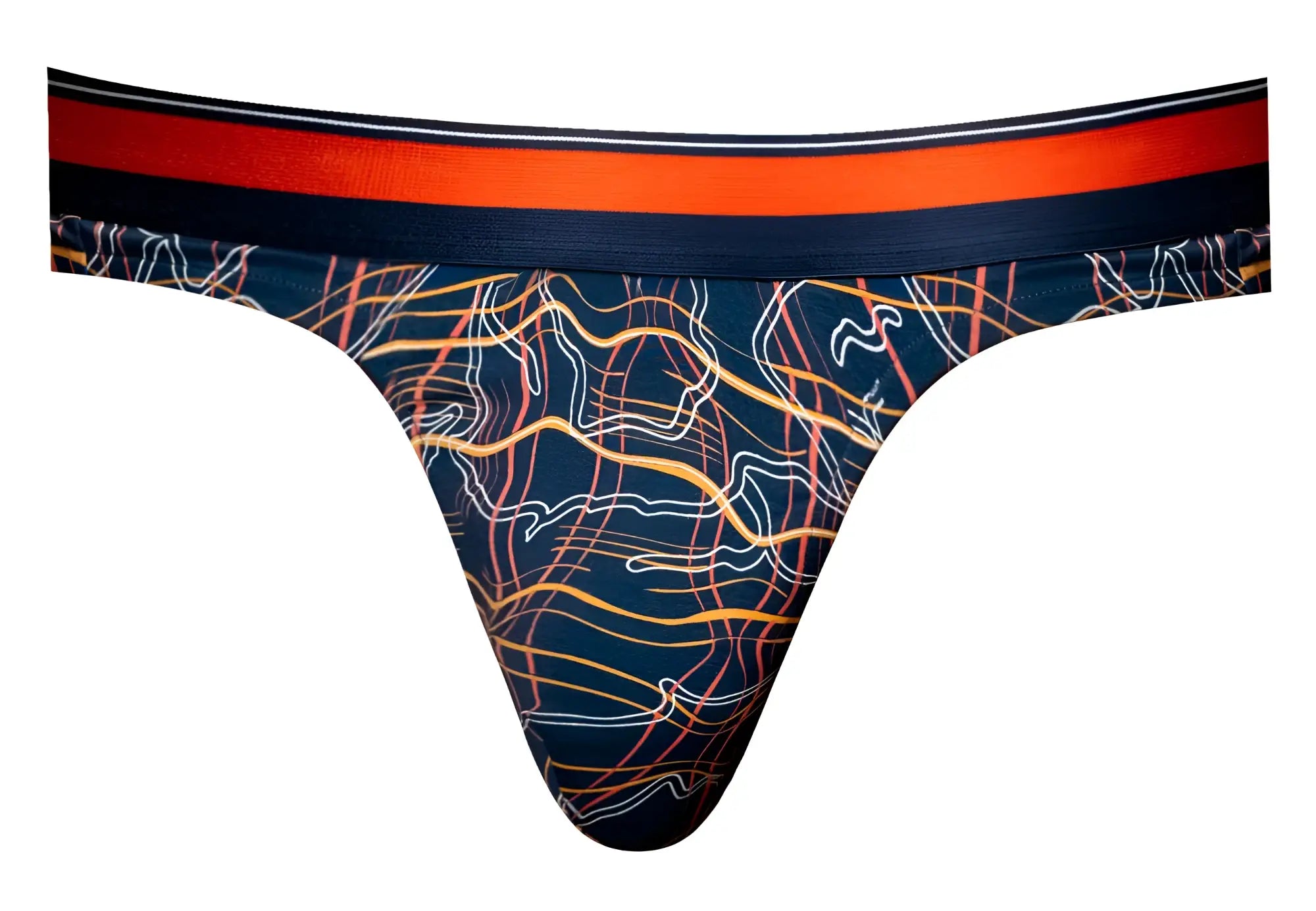 Navy blue male power soo cumfy thong with vibrant orange yellow abstract lines and a bold red waistband bordered in black