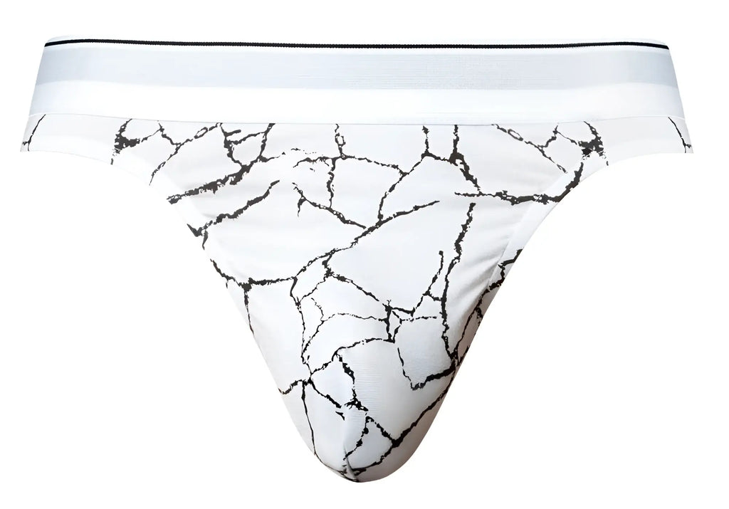 Male power 412-299 soo cumfy thong white briefs with black cracked marble pattern and solid white waistband