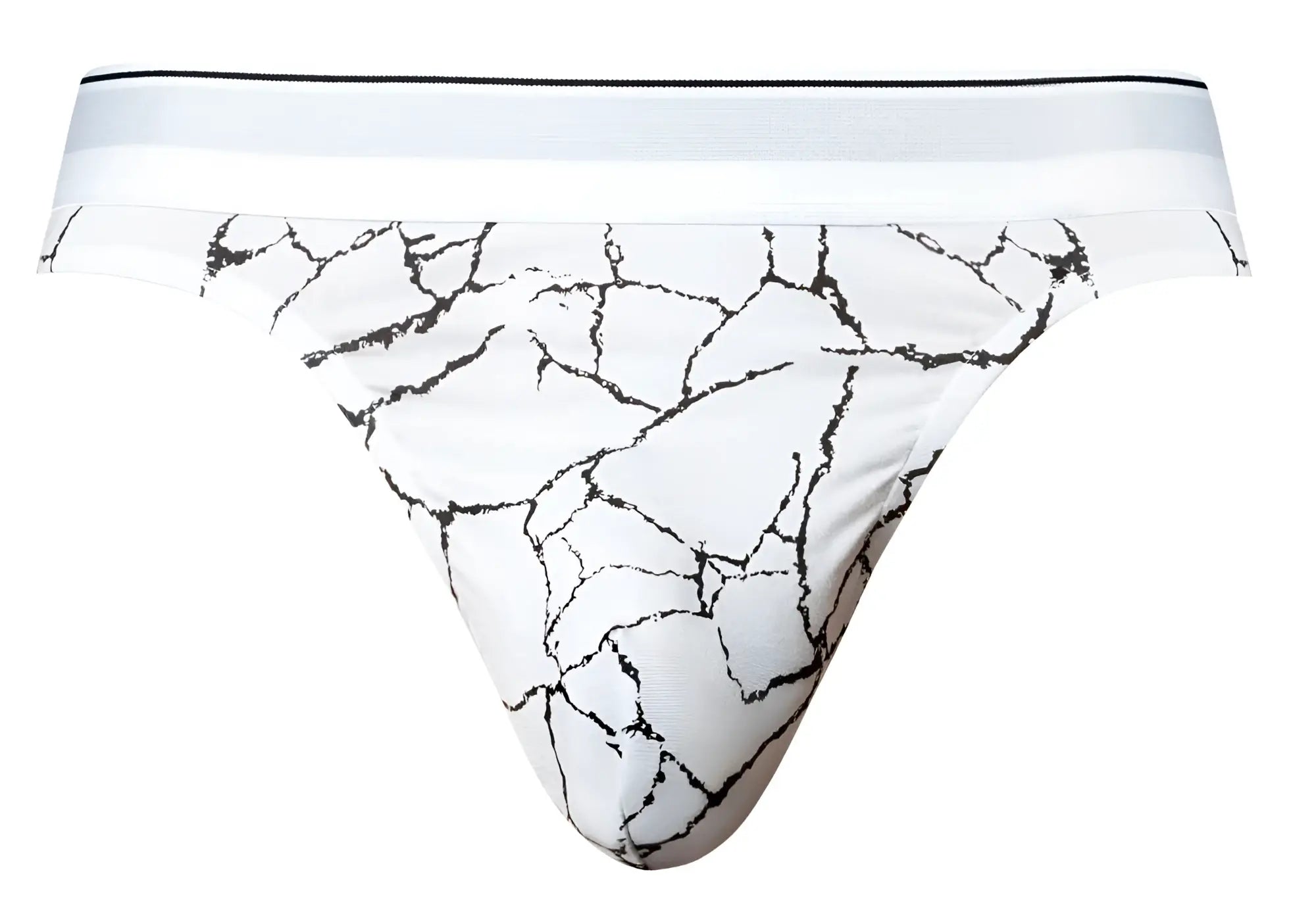 Male power 412-299 soo cumfy thong white briefs with black cracked marble pattern and solid white waistband