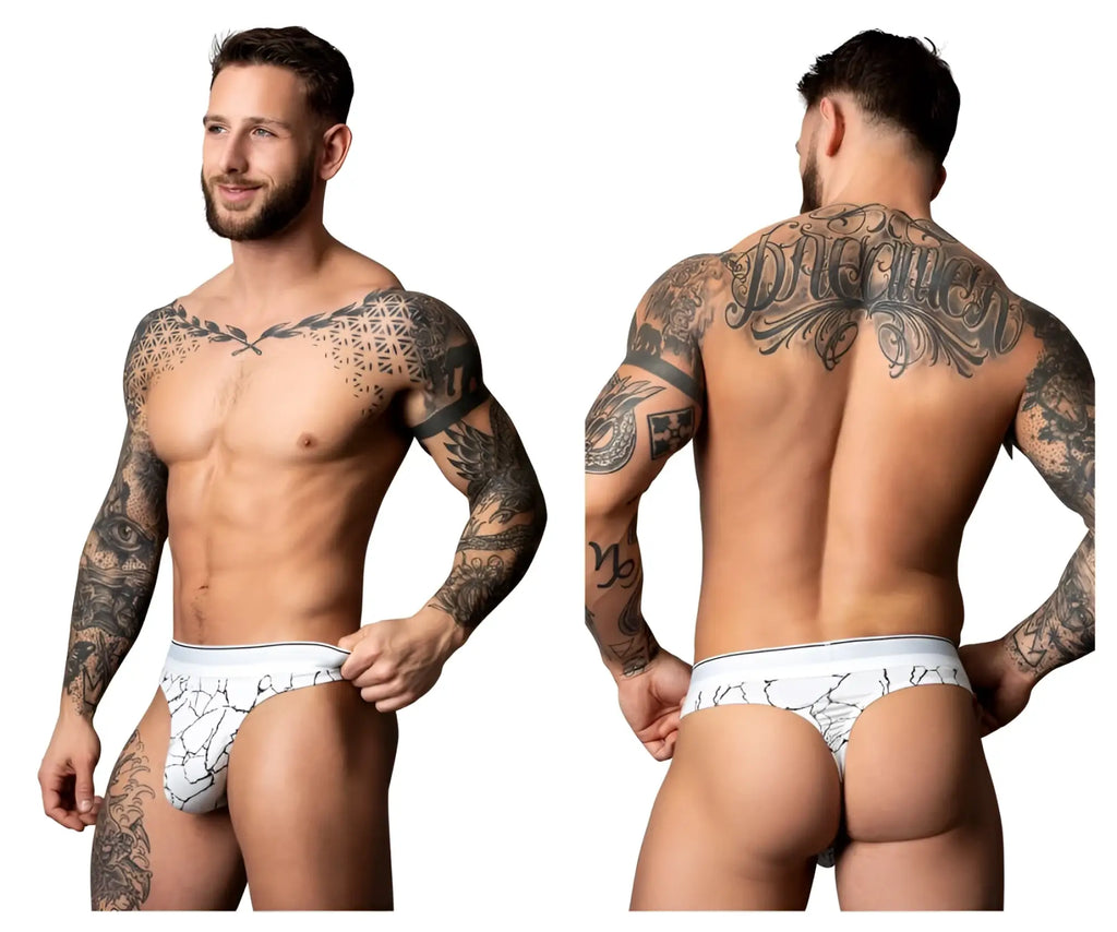 White briefs with black crackle pattern design from male power 412-299 soo cumfy thong in white and black
