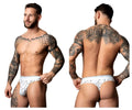 White briefs with black crackle pattern design from male power 412-299 soo cumfy thong in white and black