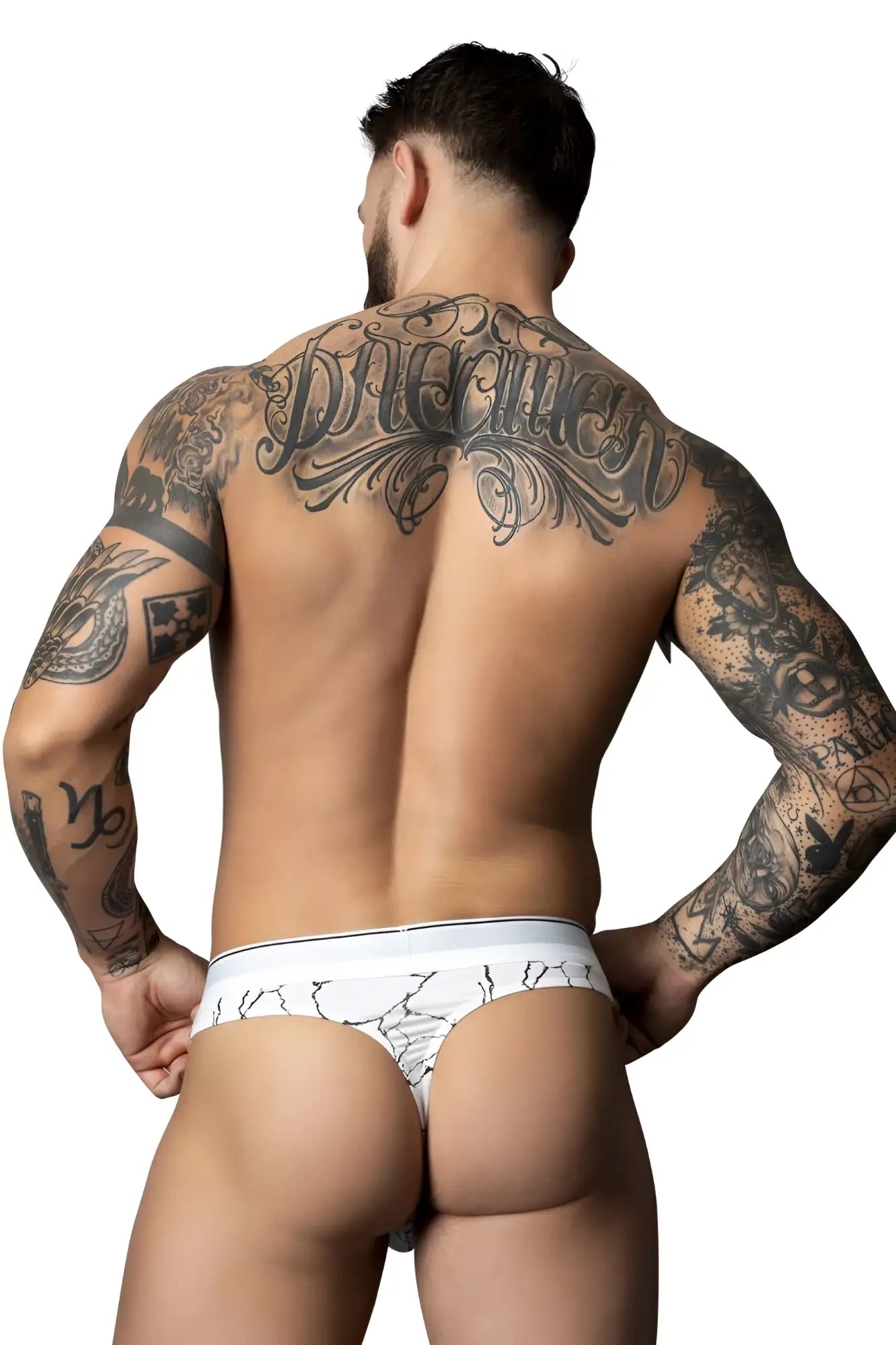 White male power briefs with black crackle pattern design emphasizing comfort and style