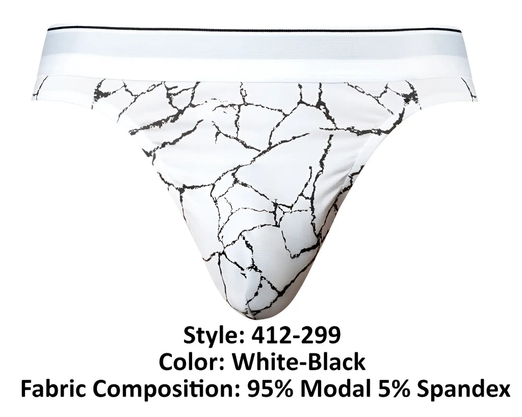 Male power 412-299 soo cumfy thong in white and black crackled marble pattern made of 95% modal 5% spandex