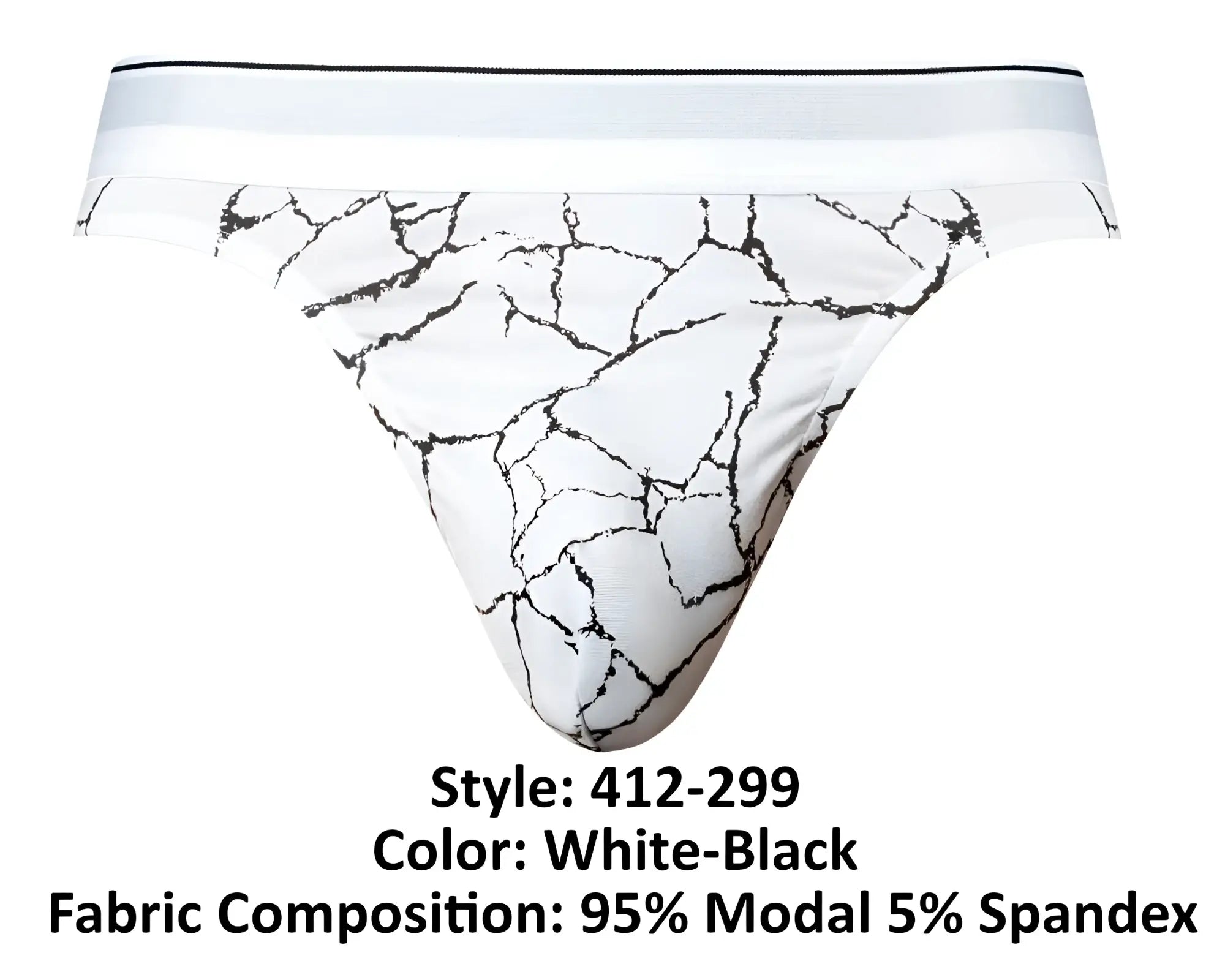 Male power 412-299 soo cumfy thong in white and black crackled marble pattern made of 95% modal 5% spandex
