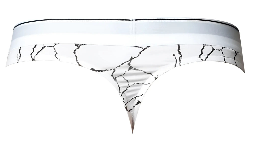 Male power 412-299 soo cumfy thong in white with black marble crack pattern and solid white waistband front view