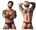 Navy blue male power soo cumfy thongs with bold orange waistband designed for comfortable everyday wear