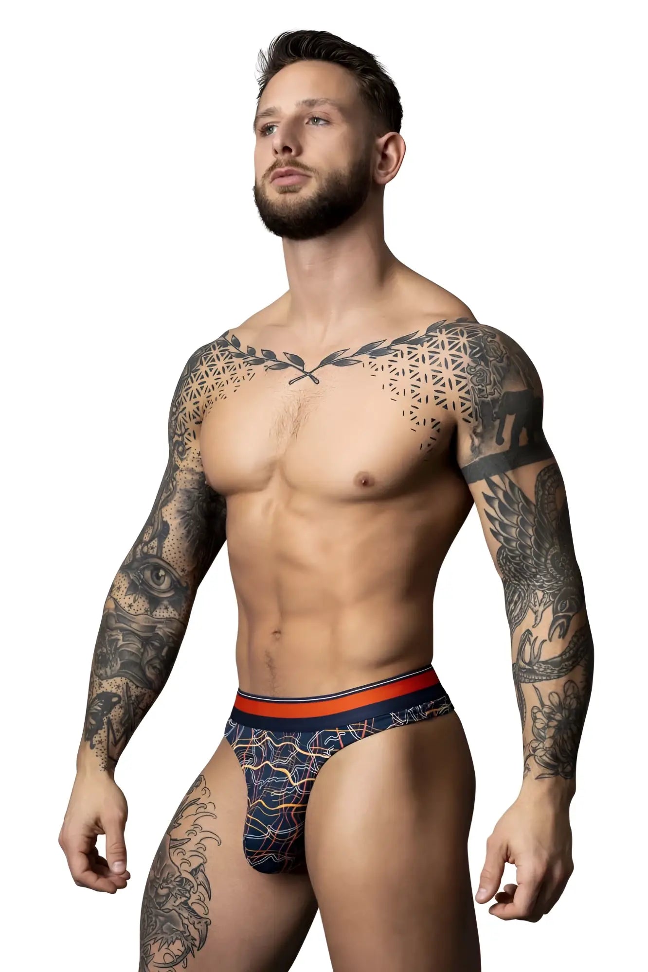 Male power 412-299 soo cumfy thongs in navy featuring blue patterned briefs with orange and navy trim