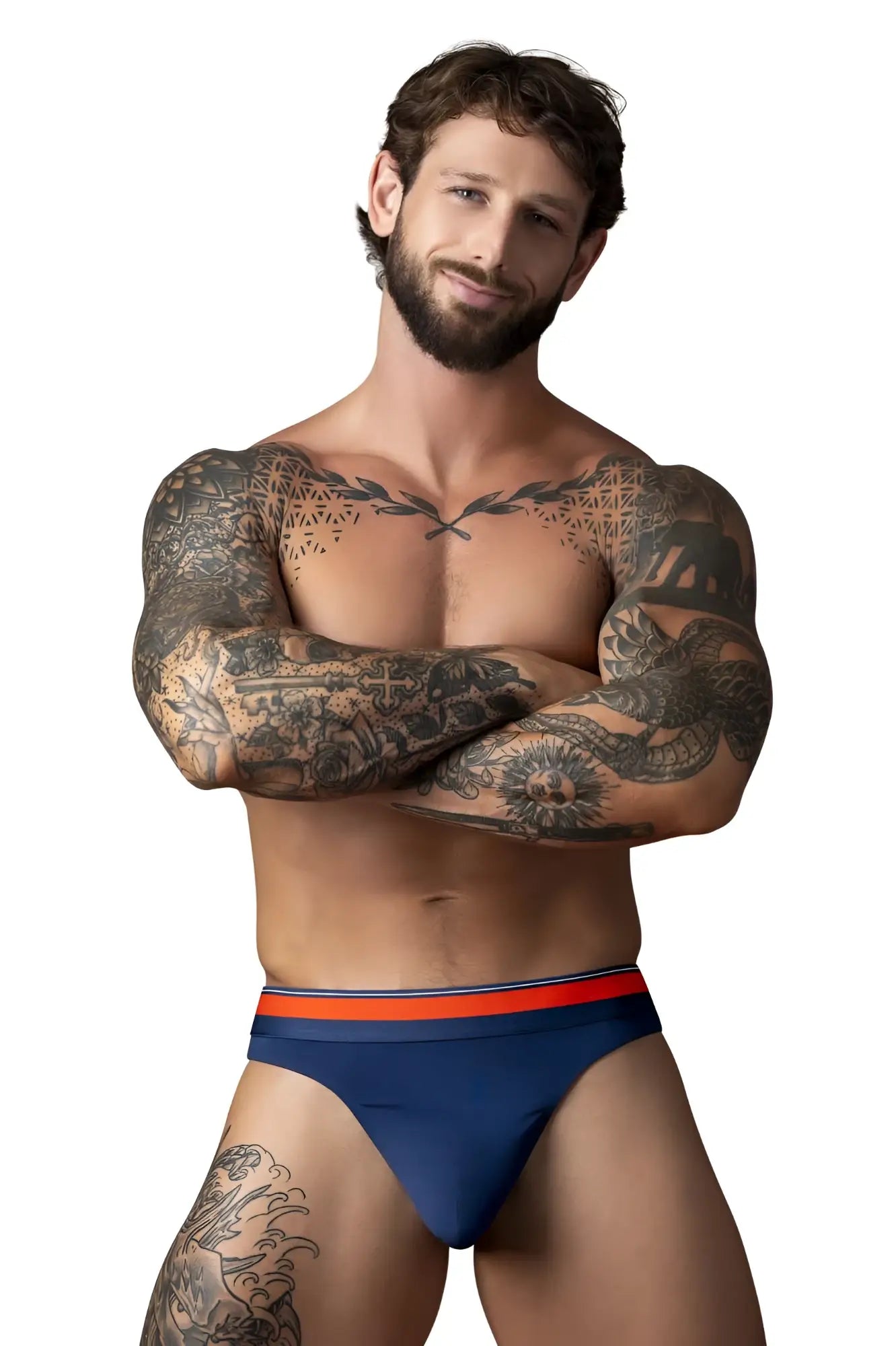 Male power 412-299 soo cumfy thongs navy blue briefs with red and white striped waistband front view