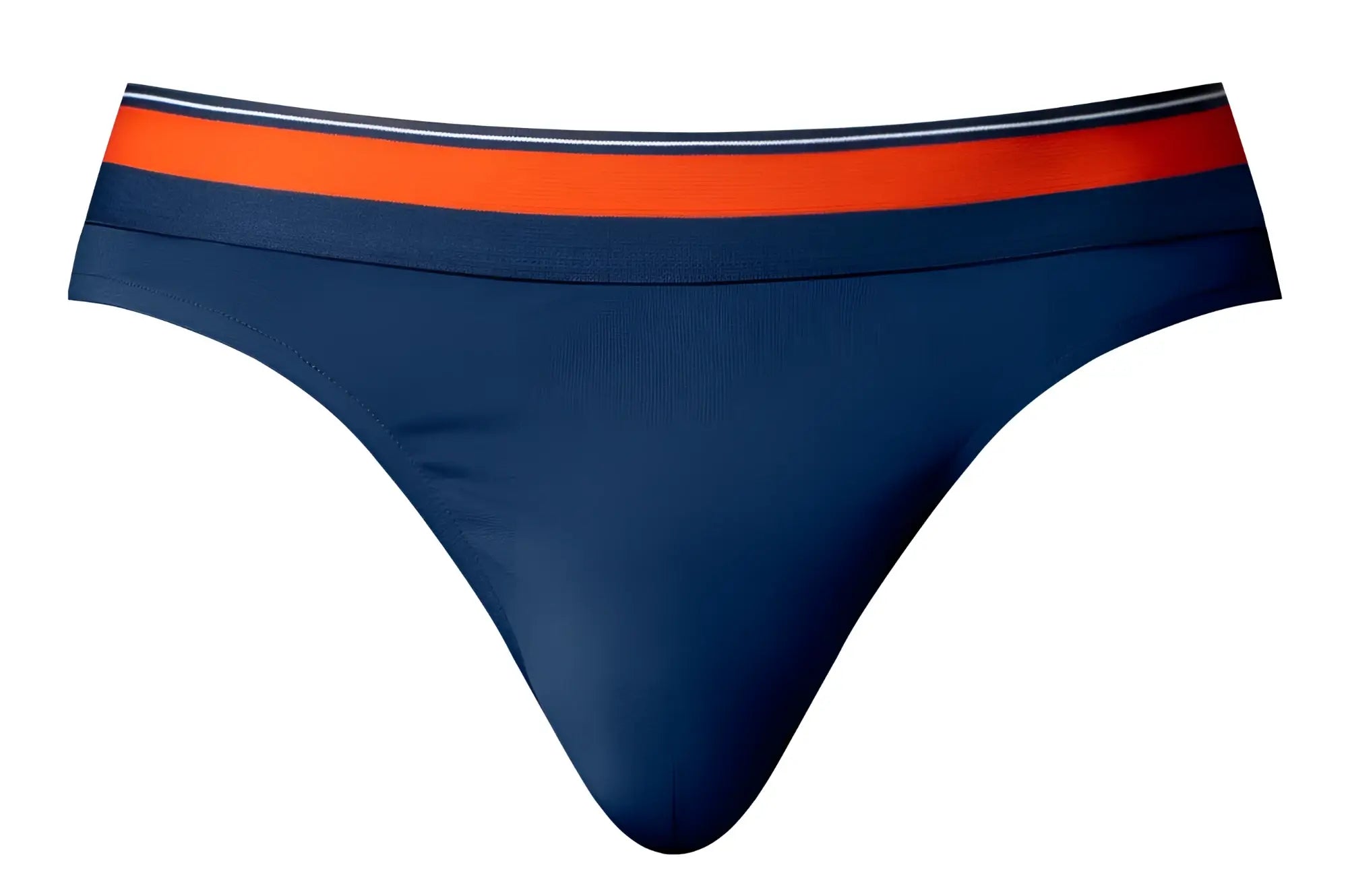 Navy blue Male Power Soo Cumfy thong with bold orange and navy striped waistband shown from the back side