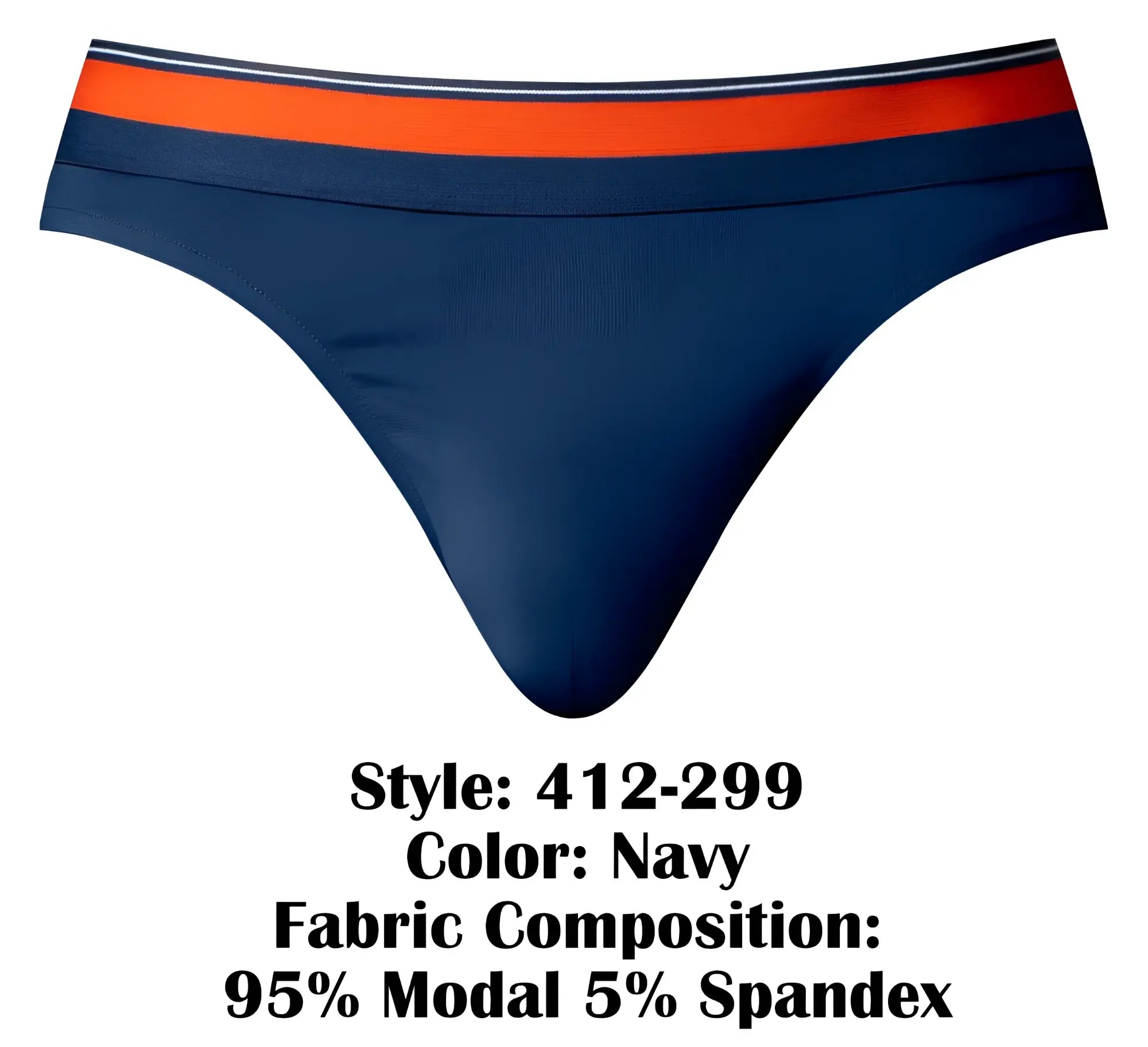 Navy blue thong with bold orange and white striped waistband made of 95 modal 5 spandex from male power 412-299 soo cumfy thongs