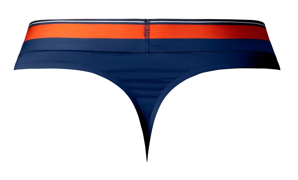 Navy blue male power 412-299 soo cumfy thong with bold orange and white striped waistband shown from the back side
