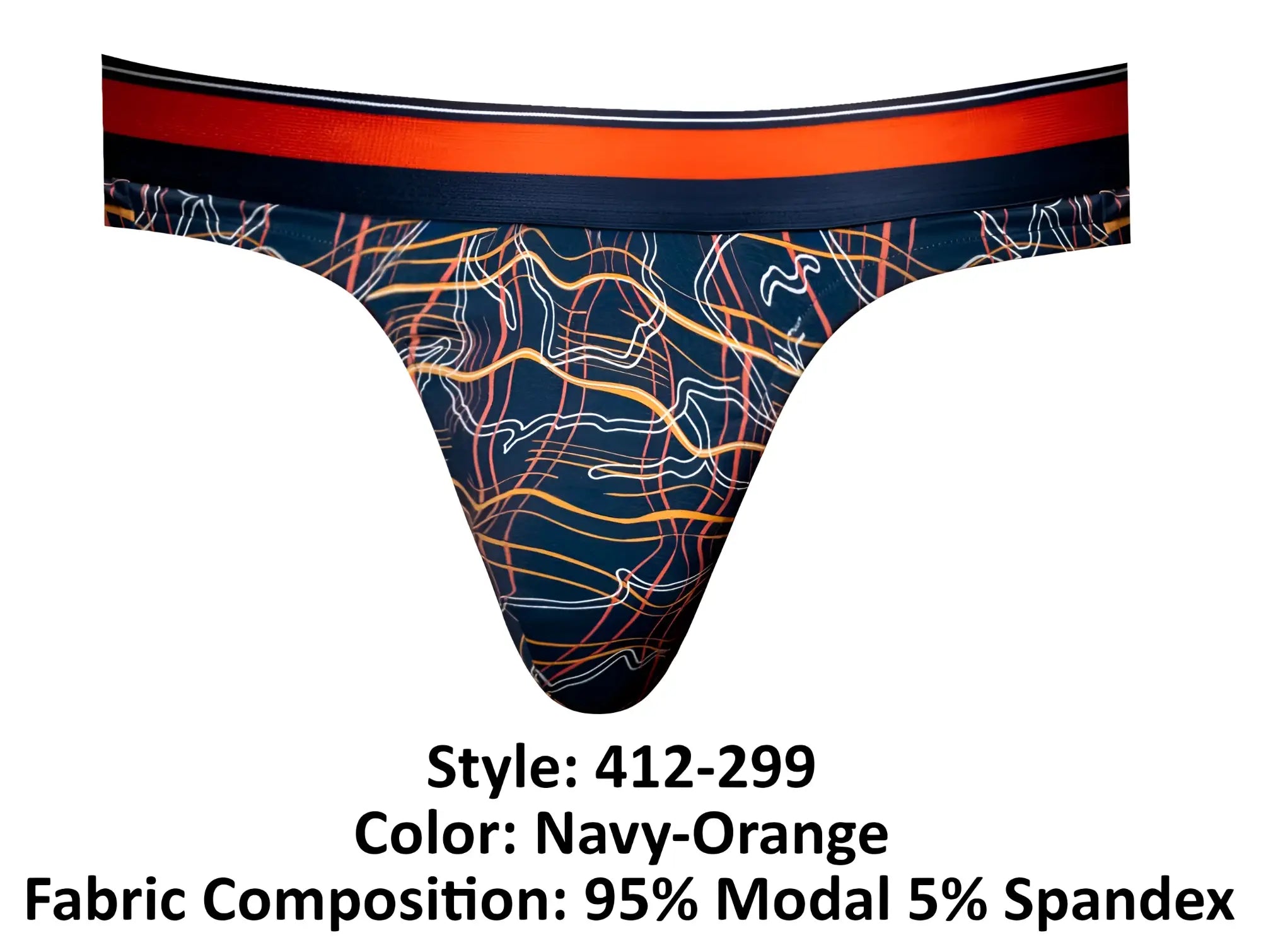 Male power 412-299 soo cumfy thongs navy orange with bold abstract line pattern on dark blue fabric front view