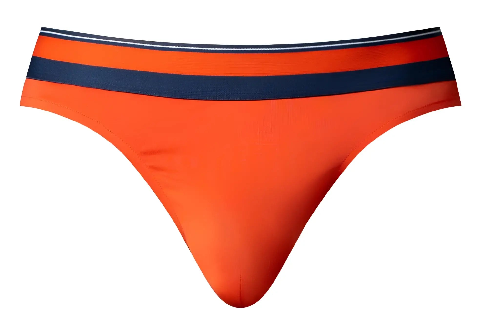 Male power 412-299 soo cumfy thongs in bright orange with navy blue waistband and white stripe accents for men