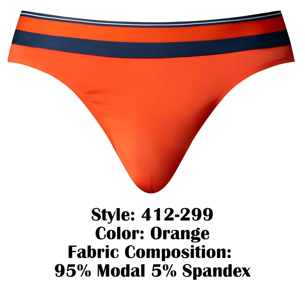 Male Power 412-299 Soo Cumfy orange thong with navy blue and white striped waistband made of 95% modal 5% spandex