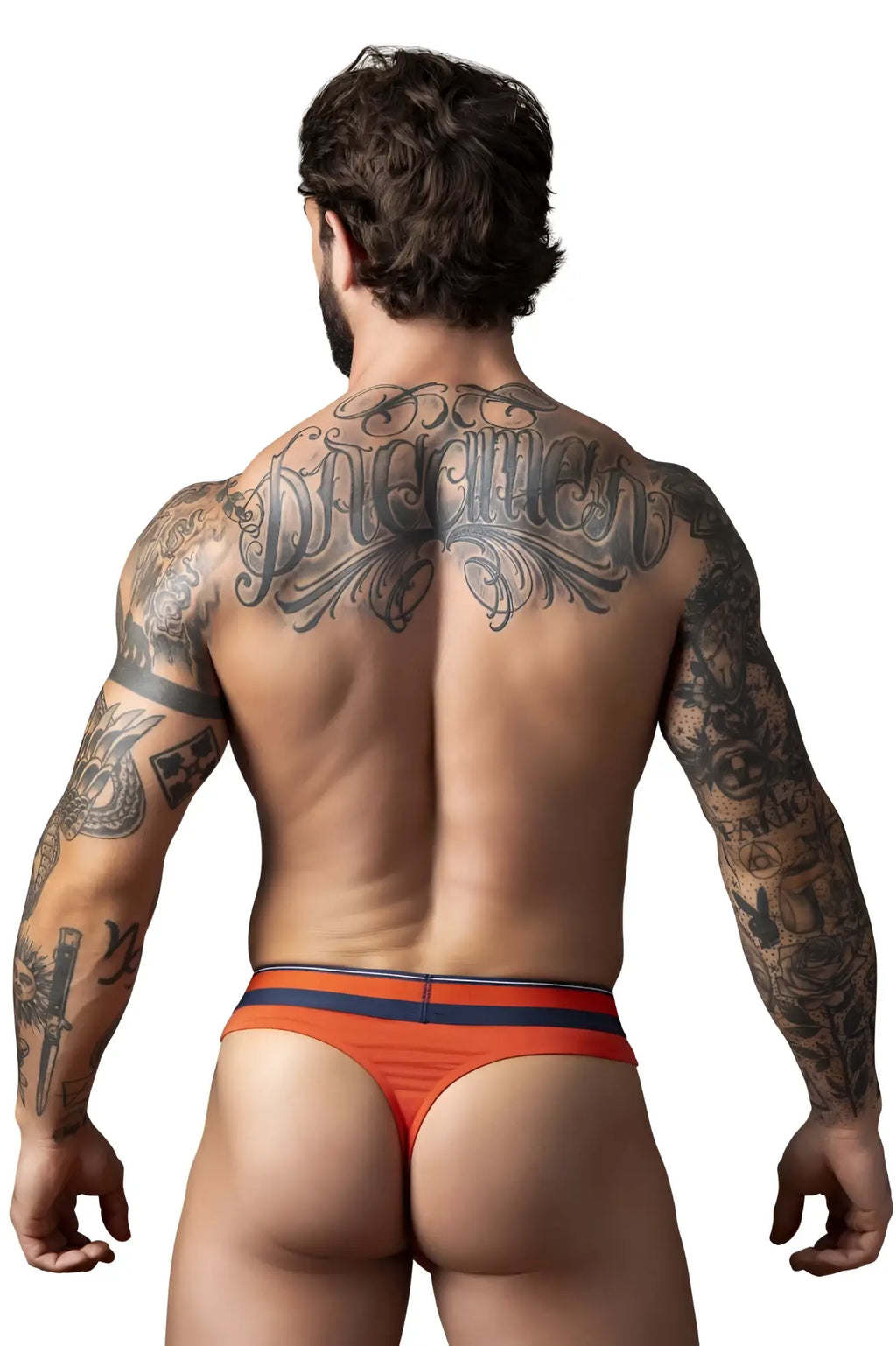 Male power 412-299 soo cumfy thongs men’s briefs with a snug fit in orange and navy blue stripes