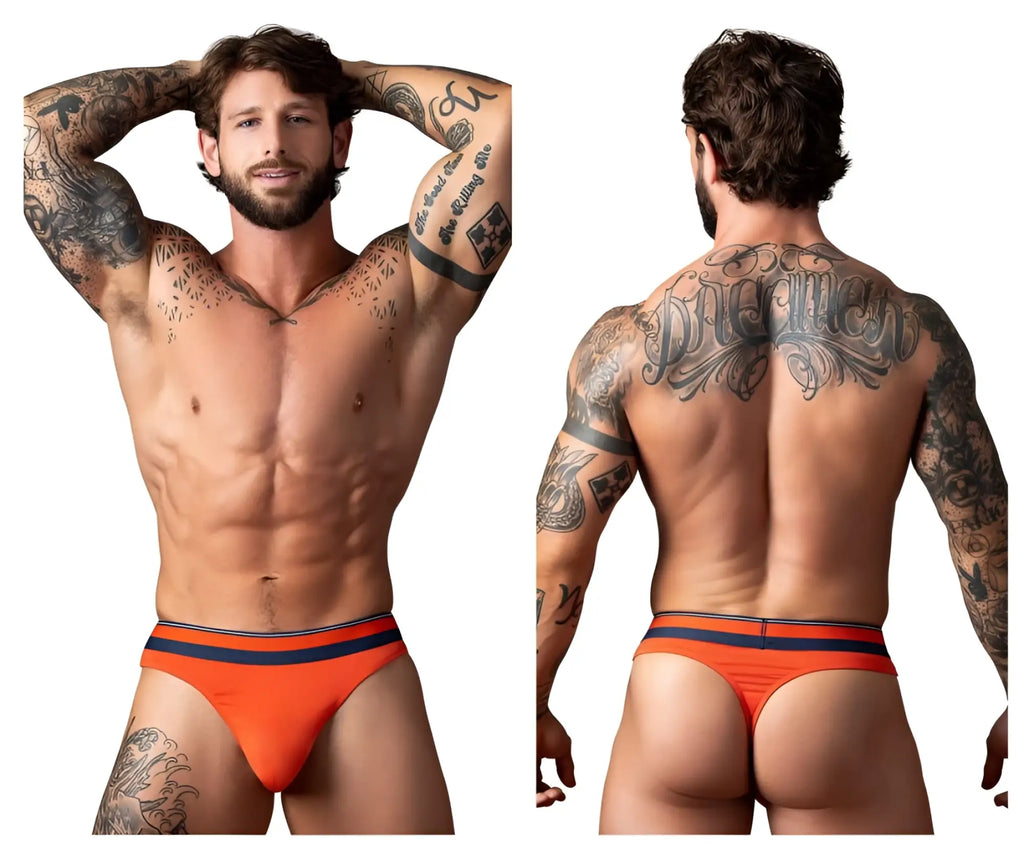 Orange male power soo cumfy thong briefs with navy blue stripes designed for comfort and support
