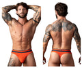 Orange male power soo cumfy thong briefs with navy blue stripes designed for comfort and support