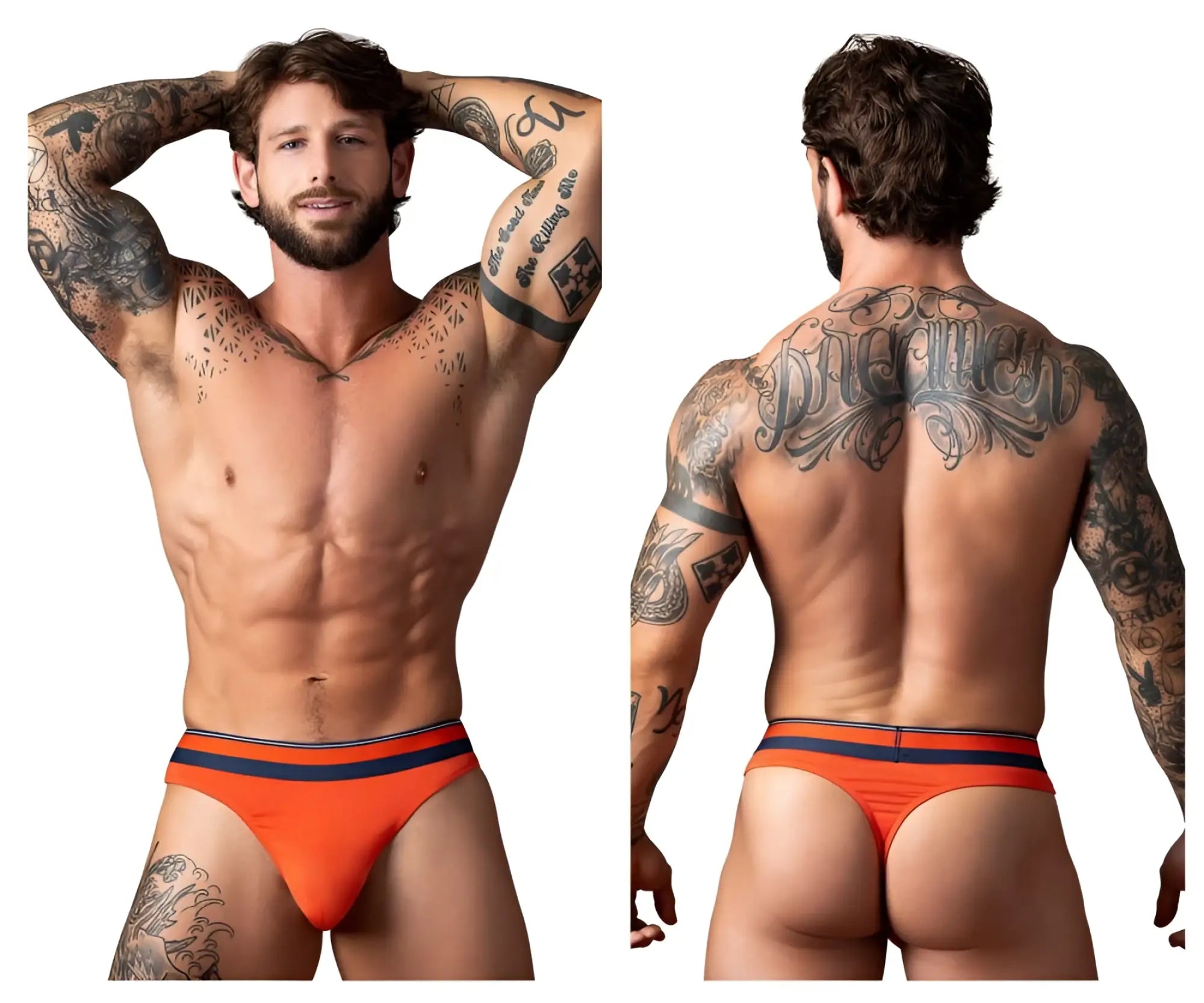 Orange male power soo cumfy thong briefs with navy blue stripes designed for comfort and support